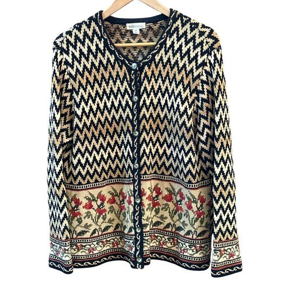 Vintage MFABoston Chevron Floral Button-Front Cardigan Sweater Sz M Cottagecore - Picture 1 of 8